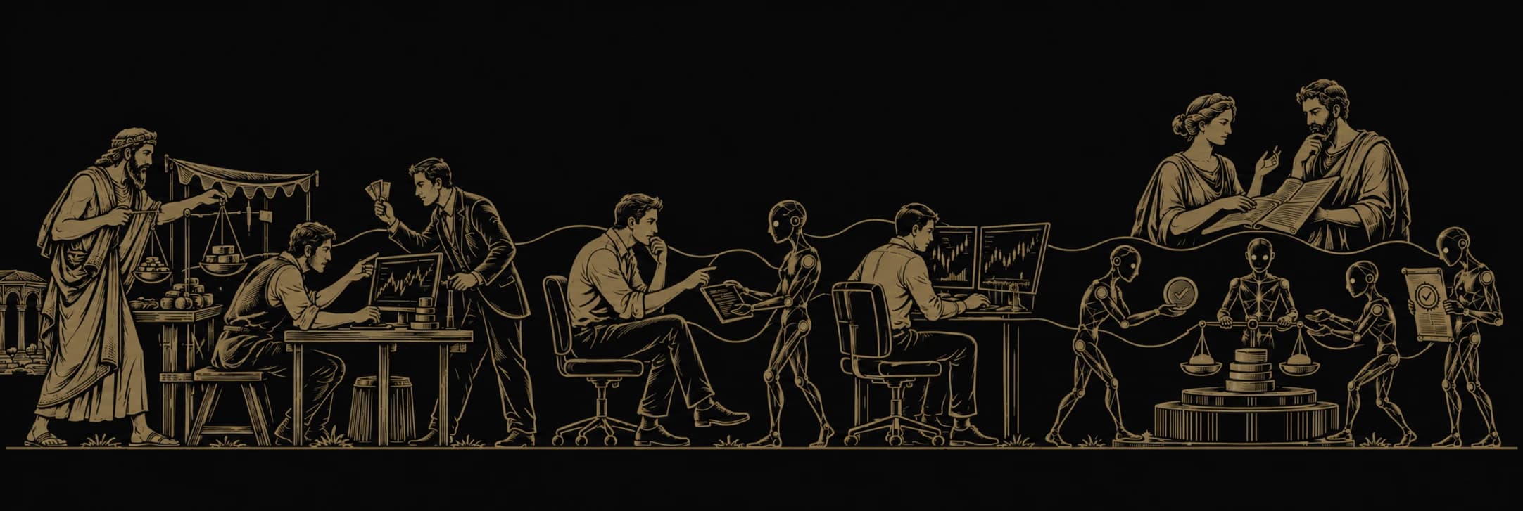 Markets evolve from people competing directly, to a person delegating to an agent alongside a screen trader, to four agents collaborating around an asset while two people discuss purpose and rules.