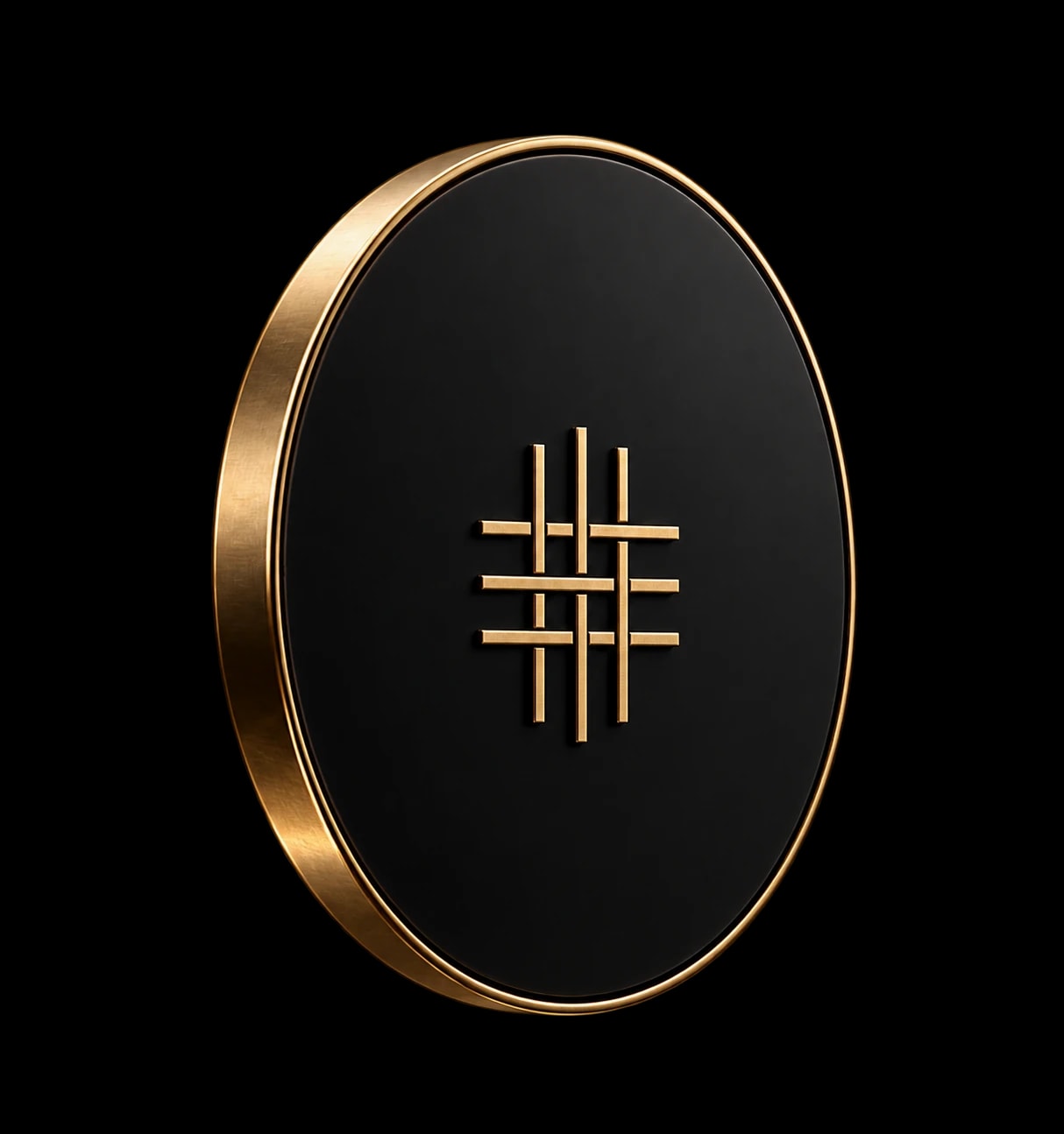 A smooth obsidian PTAH coin with a muted gold woven emblem