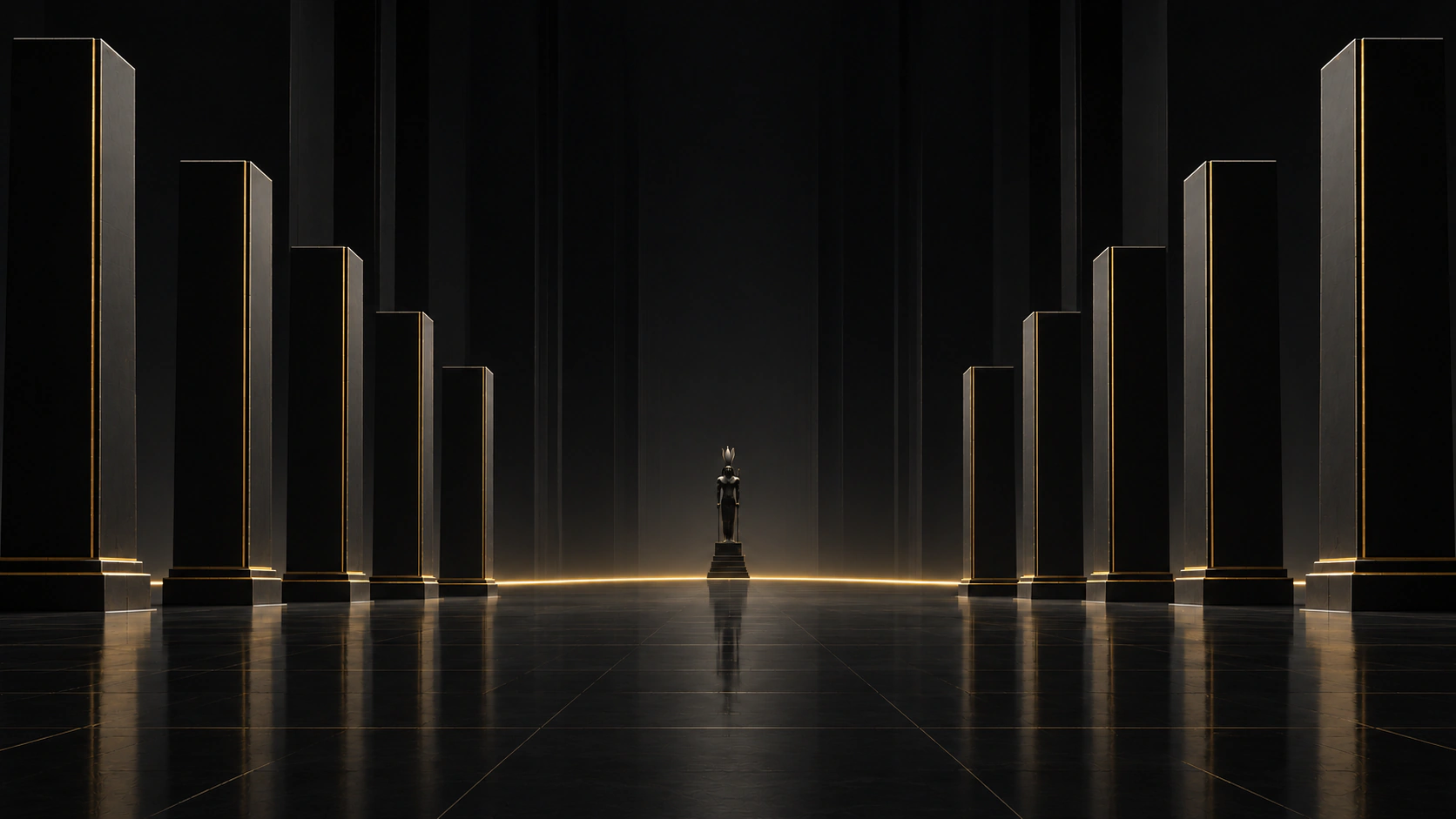 The complete obsidian hall of Ptah, with ten canonical Relic symbols visible on its pillars